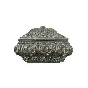 Resin Ornate Keepsake/Casket Box w/Lid Detailed Embossed Design & Sunburst Knob